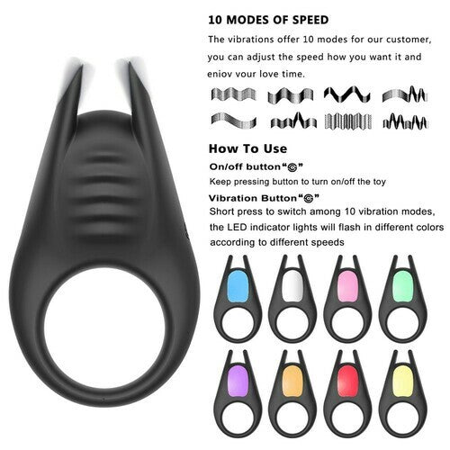 10 Colorful Indicators  USB Rechargeable Luxury Penis Ejaculation Vibrating Cock Ring